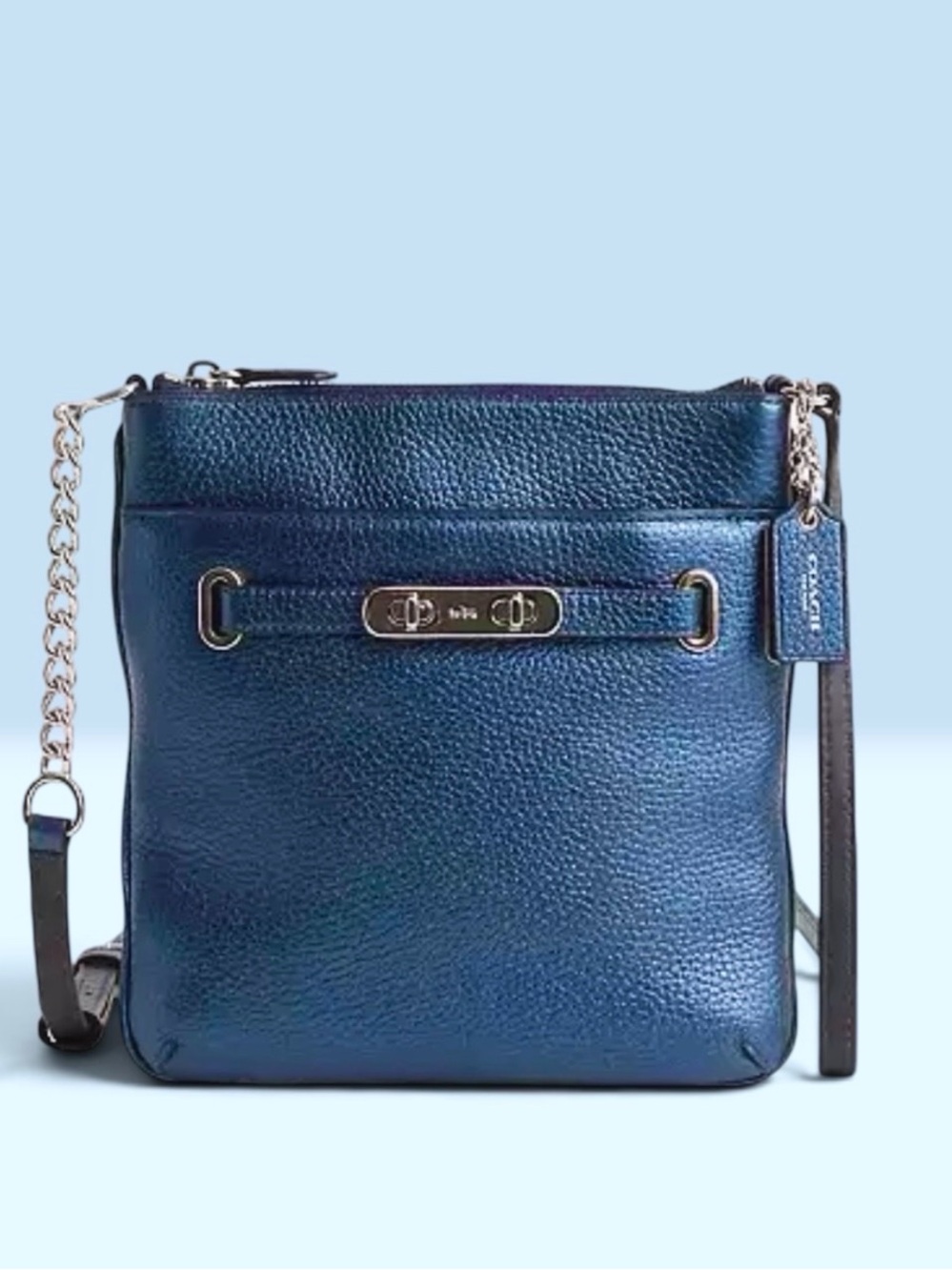 COACH Swingpack Metallic Blue Pebble Leather CrossBody Bag EUC